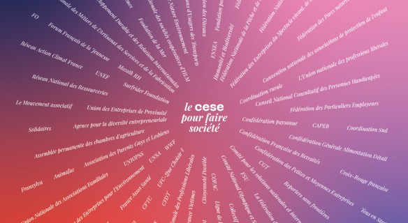 Visuel de la carte de voeux 2025 du CESE "Le CESE pour faire société" avec l'ensemble des noms des organisations représentées au Conseil