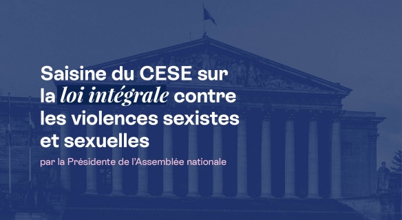 Visuel annonçant la saisine du CESE par la Présidente de l'Assemblé nationale sur la loi intégrale contre les violences sexistes et sexuelles