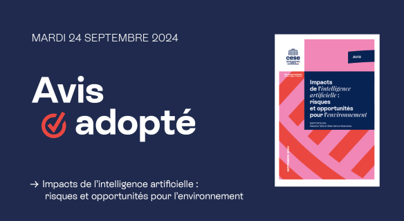 Visuel montrant que l'avis Impacts de l'intelligence artificielle : risques et opportunités pour l'environnement du CESE a été adopté
