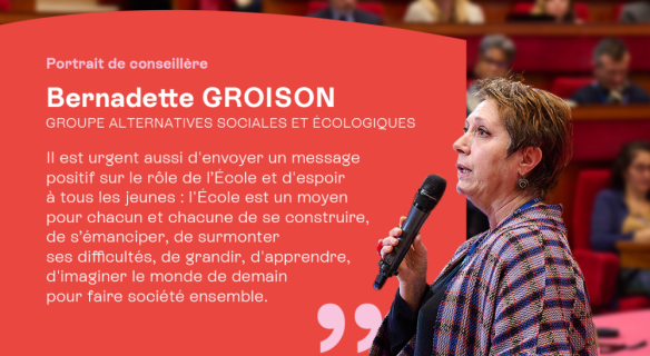Bernadette Groison et citation : Il est urgent aussi d'envoyer un message positif sur le rôle de l’École et d'espoir à tous les jeunes : l'Ecole est un moyen pour chacun et chacune de se construire, de s’émanciper, de surmonter ses difficultés, de grandir, d'apprendre, d'imaginer le monde de demain pour faire société ensemble.