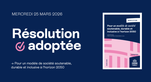 Visuel graphique du CESE annonçant l'adoption de la résolution "Pour un modèle de société soutenable, durable et inclusive à l’horizon 2050".