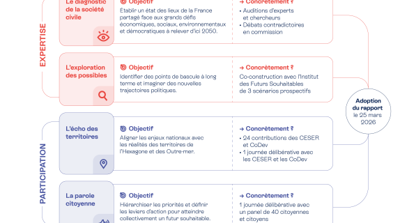 Infographie présentant la méthodologie de l'avis 2050 du CESE en 4 piliers : diagnostic par l'expertise des conseillers, prospective avec l'Institut des Futurs Souhaitables, concertation territoriale via les CESER et Codev, et délibération par un panel citoyen.